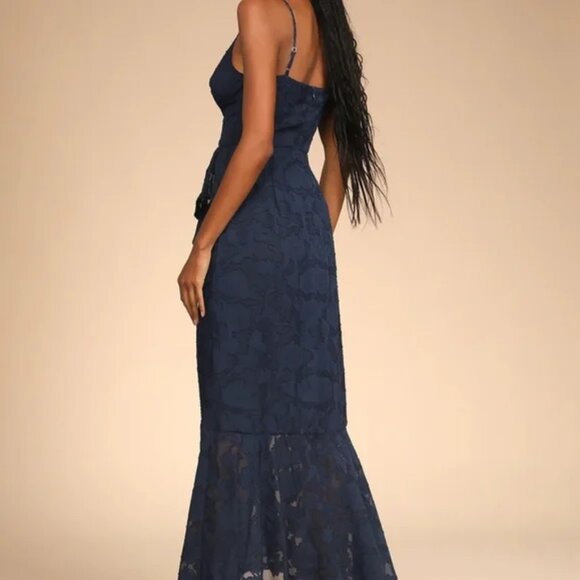 Lulus Near Your Heart Navy Blue Floral Burnout High Low Ruffle Midi Dress Size S - Picture 3 of 10